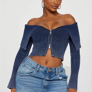 Fashion Nova Blue Off-Shoulder Ribbed Blouse